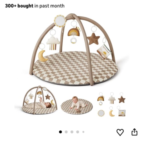 Blissful Diary Baby Play Gym Mat, Play Mat Activity Mat with 6 Detachable Toys for Stage-Based Sensory & Motor Skill Development, Easy to Install & Clean, Baby Essentials Gift, Brown Checkerboard