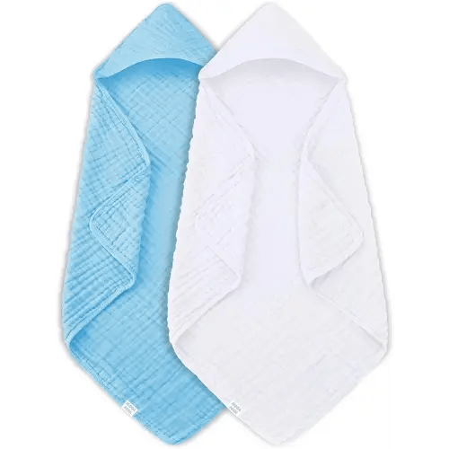 2 Pack Muslin Hooded Baby Bath Towels for Newborns, Infants, Toddlers - 100% Cotton - Large 32x32Inch Size - Highly Absorbent and Essential, White and Aqua