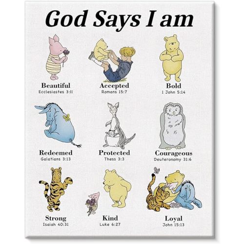 Pooh Bear Wall Art Decor Inspirational Christian Decor God Says I Am Canvas Painting for Home Room Nursery Wall Decor 8x10 Inches