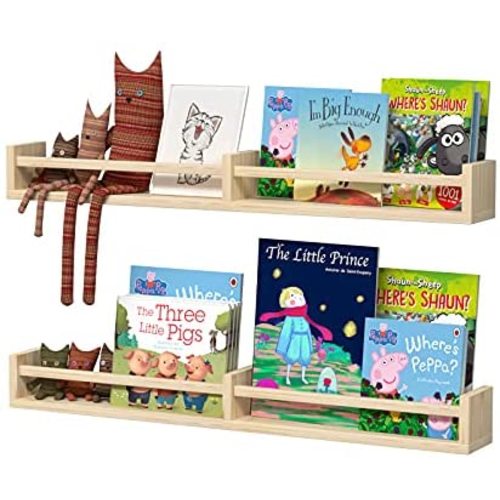 Classic Nursery Shelves, Set of 2 Natural Wood Floating Book Shelves for Kids Room, Wall Shelves for Bathroom Decor, Kitchen Spice Rack, Book Shelf Organizer for Baby Nursery Décor (32Lx4W)