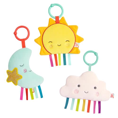 B. toys – 3 Sensory & Crinkle Toys For Newborns, Infants – Ideal for Car Seat, Stroller, Crib – Sun, Cloud, Moon – 0+ Months – Crinkly Wonders