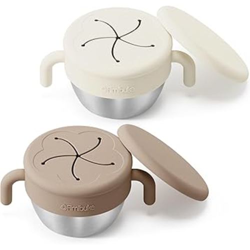 Fimibuke Snack Containers for Toddlers Kids, 12 OZ Spill Proof Stainless Steel Baby Snack Cups with Removable Silicone Food Catcher, Handles & Travel Lid BPA-Free Dishwasher Safe Food Container 2 Pack