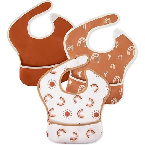 Mess Proof Baby Bib 3 Pack, Waterproof Led Weaning Baby Feeding Bibs with Food Catcher, Travel Feeding Bibs