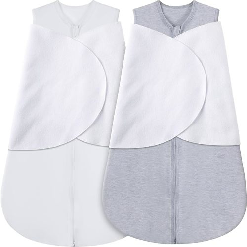BSTOPPT 100% Cotton Newborn Sleep Sack Swaddle,0-3 Months,3-Way Adjustable Wearable Blanket,TOG 0.5，2 Pack (Grey & White)