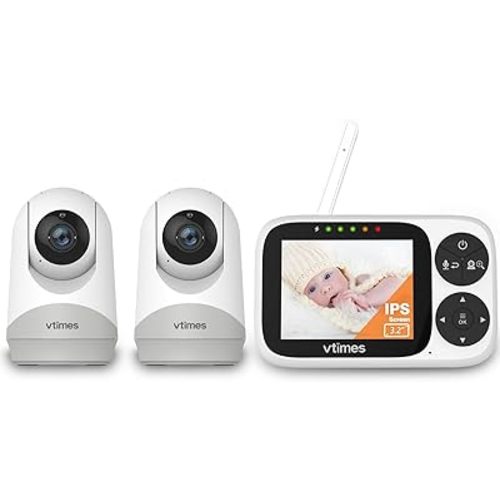Video Baby Monitor with an Extra Camera, 3.2" IPS Screen, Baby Monitor Camera No WiFi Night Vision VOX Mode Pan-Tilt-Zoom Temperature Display 2 Way Audio Lullabies and 1000ft Range