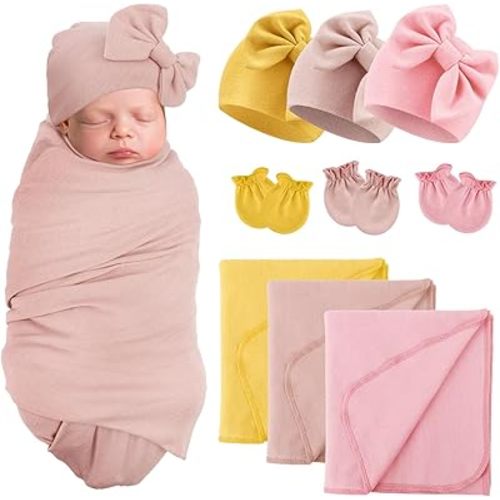 Newborn Receiving Blanket with Bow Hat Mittens Set Nursery Swaddle Wrap Toddler Swaddles for Newborn Baby Boy Girl