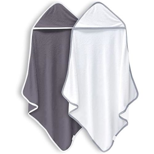 BAMBOO QUEEN 2 Pack Baby Bath Towel - Rayon Made from Bamboo, Ultra Soft Hooded Towels for Babies,Toddler,Infant - Newborn Essential -Perfect Baby Registry Gifts (White and Dark Grey, 30x30 Inch)