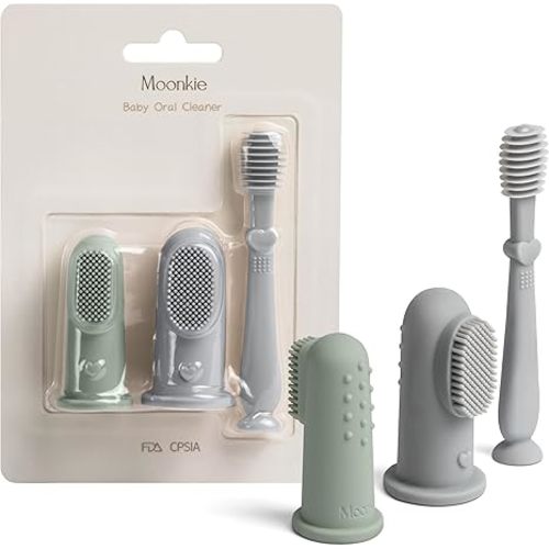Moonkie Baby Finger Toothbrush Tongue Oral Cleaner Kit for 3 Months +, 3 Pcs (Blue/Mint/Blue)