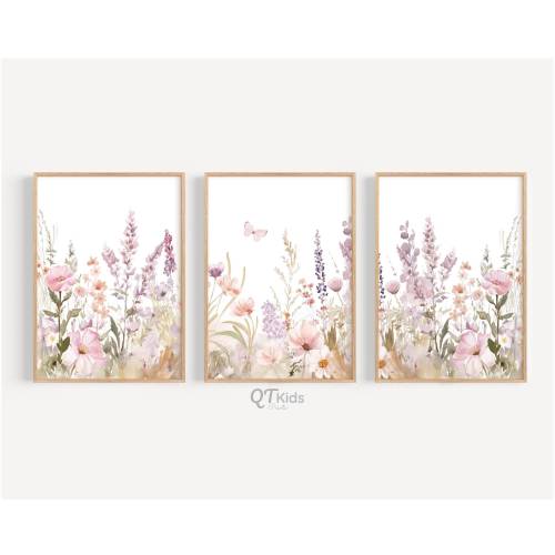 Floral Nursery Prints, Girl Room Wall Art, Light Purple Pink Flowers, Watercolour Floral Bouquets, Wildflowers Prints, DIGITAL DOWNLOAD