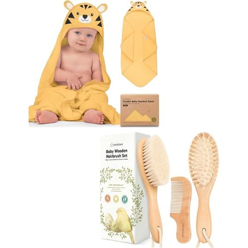 KeaBabies Baby Hooded Towel and Baby Hair Brush and Baby Comb Set - Baby Towel, Toddler Towels, Hooded Towels for Baby - Wooden Baby Brush with Soft Goat Bristle