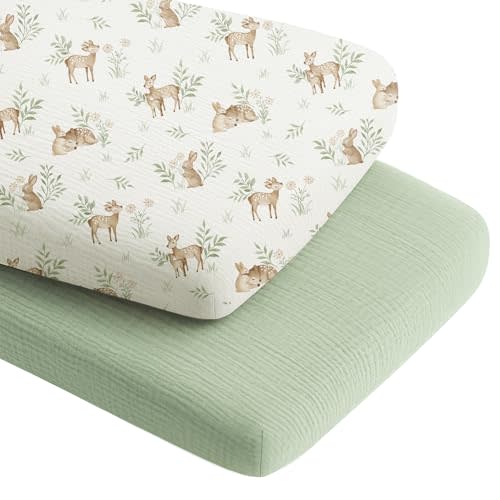 Konssy 2 Pack Muslin Bassinet Sheets for Boys, Girls, 100% Cotton Soft Breathable Fitted Bassinet Mattress Sheet, 33 x 21 inches (Woodland,Sage)
