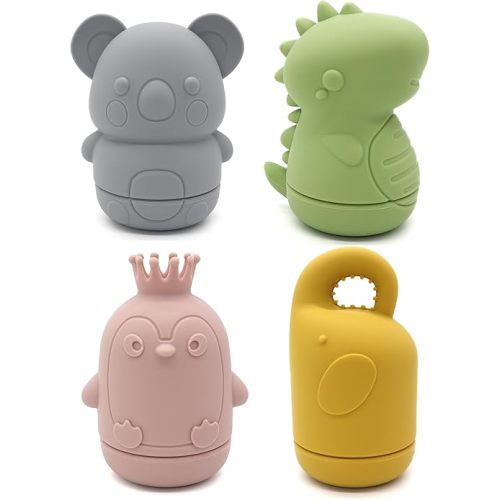 PandaEar 4 Pack Silicone Bath Toys for Babies 0-6 6-12 Months, Mold Free Bathtub Toys for Toddlers Kids Infant, Non Toxic Swimming Shower Toys for Toddlers 1-3 (B)