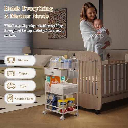 Baby Diaper Caddy Cart Organizer -3 Tier, Bedside Nursery Essentials Cart & Storage Holder for Newborn Baby Stuff, 2+1 Dividers, 1 Drawer,Rolling Utility Cart for Bedroom,Changing Table, Crib