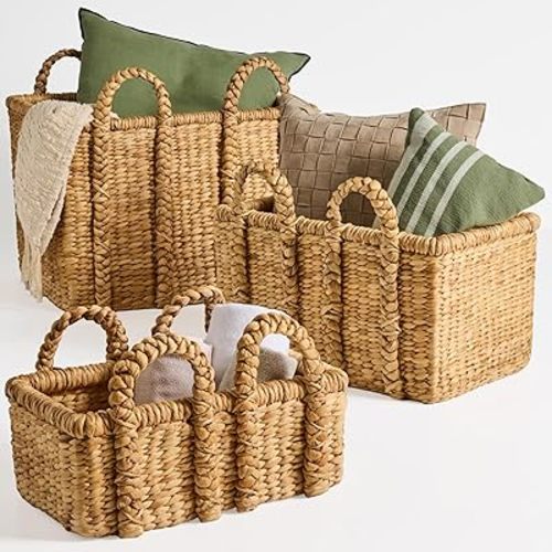 Best Choice Products 3Pc Shelf Baskets, Small, Large and XL Chunky Woven Wicker Rattan Storage Baskets w/Braided Handles, Organizer Bins for Blankets, Pillows, Shoes and Toys - Natural