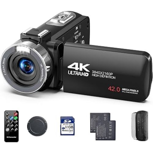4K Video Camera Camcorder, 42MP Vlogging Camera for YouTube with 32GB SD Card, 2 Batteries, 3" 270° Rotating Screen, 18X Digital Zoom, Remote Control, Webcam for Live Streaming