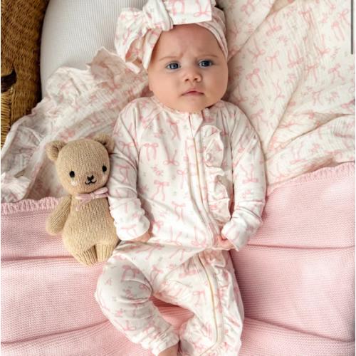 Little and Fern Frill Zip Romper, Pink Bow Floral