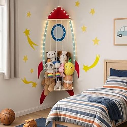 PUTSKA Corner Stuffed Animal Storage Organizer with LED Lights - Stuffed Animal Holder, Stuffy Storage, Space-Saving Plushies and Toy Corner Organizer for Kids Room - Spaceship