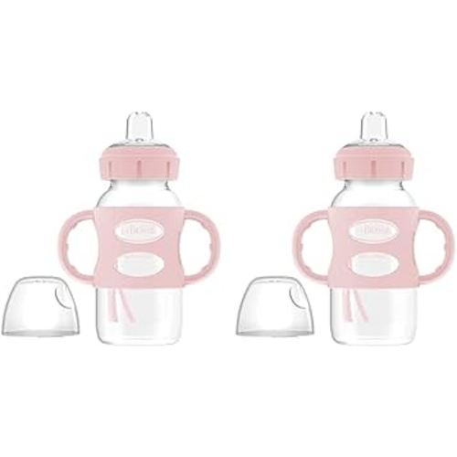 Dr. Brown's Milestones Wide-Neck Sippy Spout Bottle with 100% Silicone Handles, Easy-Grip Handles with Soft Sippy Spout, 9oz/270mL, Light-Pink, 2-Pack, 6m+