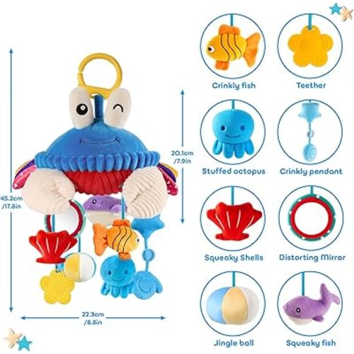 Car Seat Toys for Babies 0-6 Months, Hanging Sensory Crab Plush Toy for Stroller, Crib & Play Gym, Clip-On Montessori Infant Activity Toy with Mirror, Rattle & Teether, Newborn Baby Gifts 0-12 Months