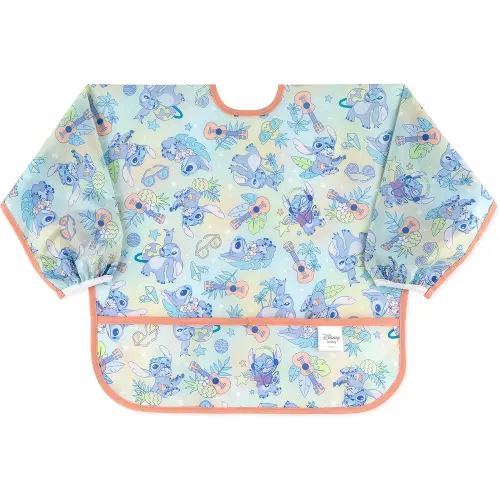 Bumkins Disney Sleeved Bib for Girl or Boy, Baby and Toddler for 6-24 Mos, Essential Must Have for Eating, Feeding, Baby Led Weaning Supplies, Long Sleeve Mess Saving Food Catcher, Aloha Stitch