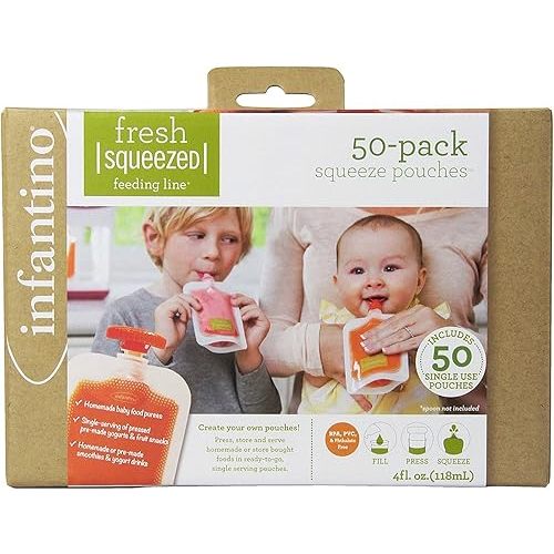 Infantino Disposable Squeeze Pouches, Portable Homemade Semi-Solid Food for Babies and Toddlers, 4 Fl Oz (Pack of 50)