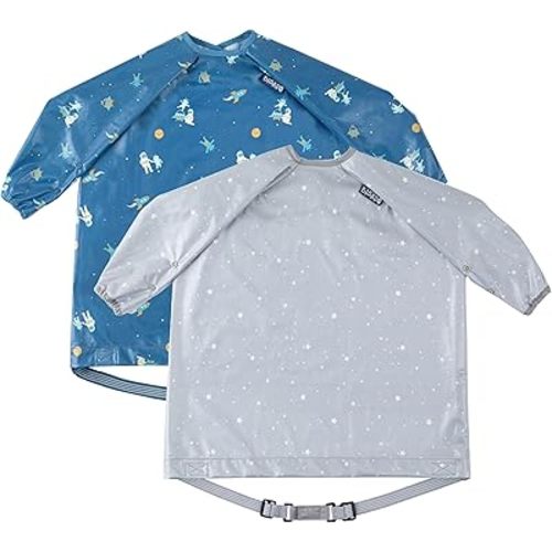 BIBaDO Long Sleeve Coverall Bib – Babies & Toddlers 6-36. Mess Proof Baby Feeding Bib Attaches To Highchairs, Pushchairs, Tables. Waterproof, Machine Washable. Twin Pack