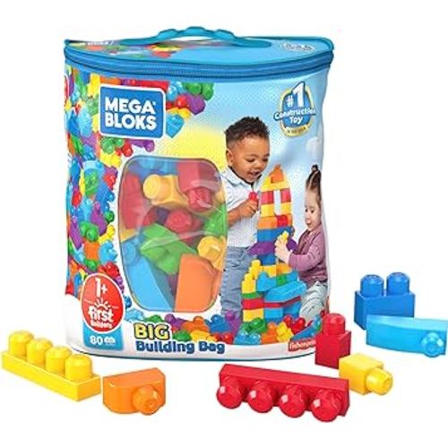 MEGA BLOKS Fisher-Price Toddler Block Toys, Big Building Bag with 80 Pieces and Storage Bag, Blue, Gift Ideas for Kids Age 1+ Years