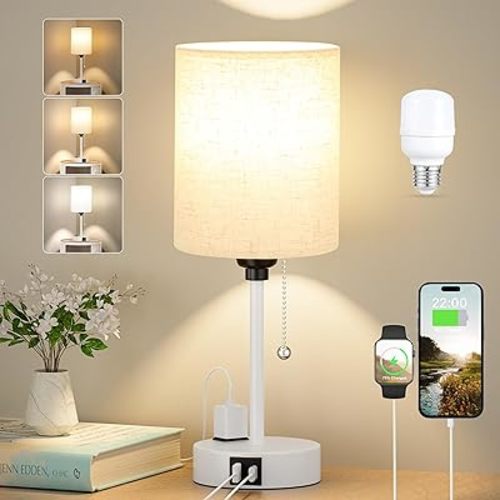 Small Bedside Lamp for Bedroom Nightstand - 2700K 3500K 5000K Bedside Lamps with USB C and A Ports, Pull Chain Table Lamps with AC Outlet, Nightstand Lamps with White Metal Base for Kids Reading