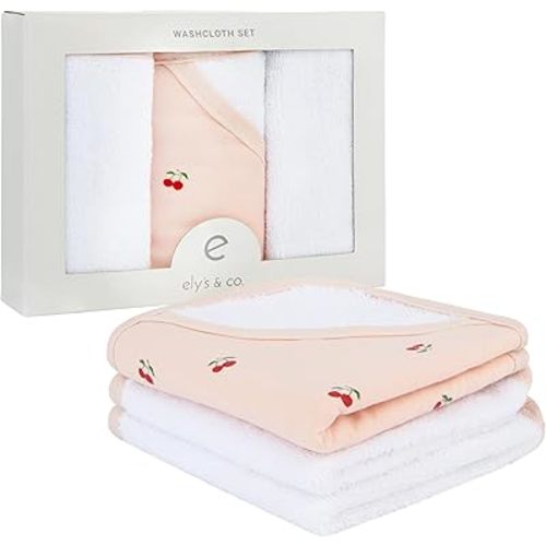 Ely's & Co. Baby Washcloths Soft, Thick, Absorbent - 100% Terry Cotton, 3-Pack, 10”x10”, with 1 Pocketed Washcloth - Infant & Toddler Bath Mitt and Wash Cloths for Newborns and Babies (Red Cherry)