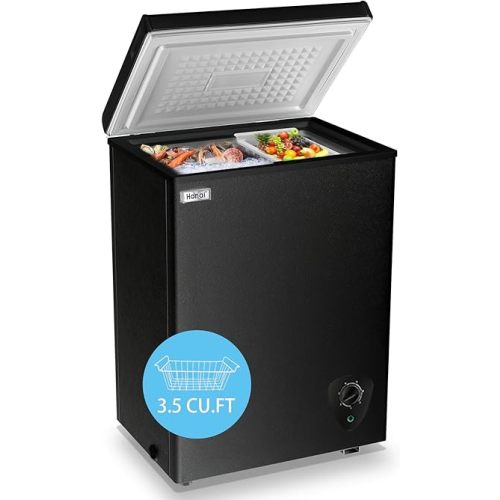 Mini Chest Freezer 3.5 Cu.Ft Small Top Door Deep Freezer with Removable Basket, Low Noise, 7 Adjustable Temperature and Energy Saving Perfect for Home Garage Basement Dorm or Apartment Black