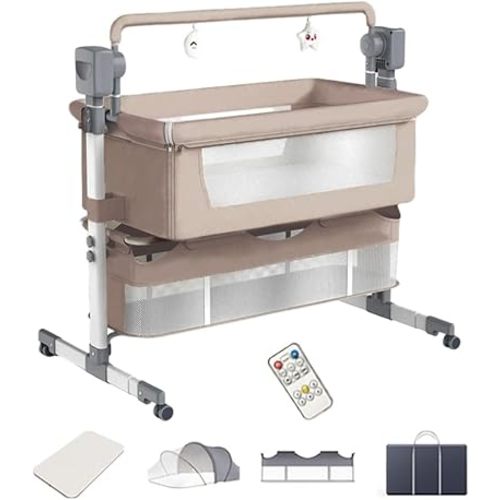 3 in 1 Baby Bassinet Bedside Sleeper with Remote Control, Bluetooth, Adjustable Height, Mesh Bedside Crib with Storage, Mosquito Net & Travel Bag(Beige)