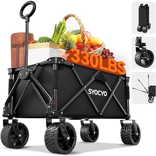 Collapsible Folding Wagon Cart, Heavy Duty Wagon Foldable with 330lbs Weight Capacity, Utility Garden Cart, Beach Wagons with All-Terrain Wheels for Camping, Sports, Shopping, Black