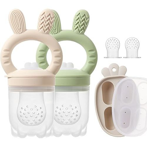 Silicone Baby Fruit Feeder with Freezer Tray Baby Food Feeder Popsicle Molds for Teething Relief Includes Extra Food Pouches (Beige+Olive)