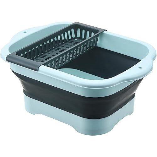 2.77 Gallon (10.5L) Collapsible Dish Basin with Drain Plug, Outdoor Multiuse Foldable Sink Tub, Dishpan, Wash Basin, Portable Kitchen Storage Tray for Camping, RV, Beverage Bucket (Green)