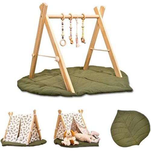 Wossen® Wooden Baby Play Gym Set and PlayTent Cover, Wooden Naturel Baby Gym, Reliable Wooden Toys, Ergonomic and Multipurpose Use, Mat and Play Tent Cover, Newborn Gift for Baby Girl and Boy