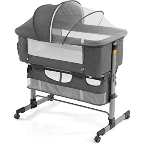 Bedside Sleeper Bedside Crib, Baby Bassinet 3 in 1 Travel Baby Crib Baby Bed with Breathable Net,Adjustable Portable Bed for Infant/Baby(Deep Grey)