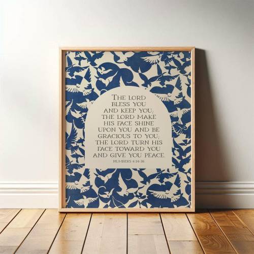 Benediction Print, Numbers 6:24-26 | Christian Wall Art, Blue & White Bible Verse, Modern Scripture Art, Boho Bird Pattern | Print or Canvas
