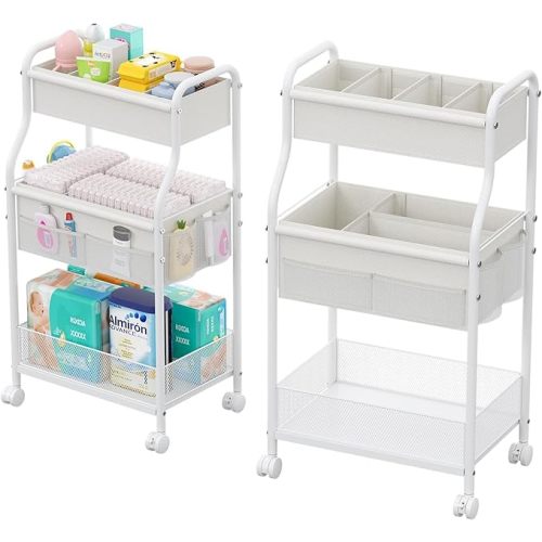3-Tier Diaper Caddy Organizer & Rolling Cart,Metal Utility Cart with 4+2 Dividers & Lockable Silent Casters, Mobile Storage Cart for Nursery Essentials, Multi-Purpose for Kidsroom Changing Table
