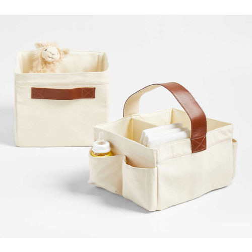Canvas Diaper Caddy Organizer with Brown Leather Handle