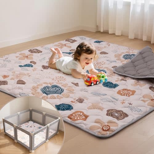 Duwenem Baby Play Mat for Floor,71x59 Inch Soft Padding Crawling Mat for Playpen, Foldable and Machine Washable, Thick for Babies & Toddlers,Boho Flower