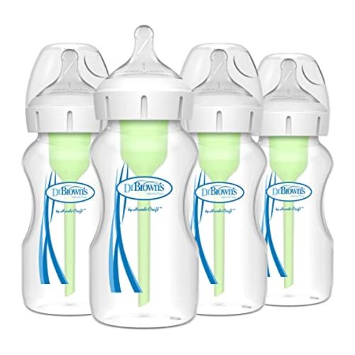 Dr. Brown's Natural Flow Anti-Colic Options+ Wide-Neck Baby Bottles 9 oz/270 mL,with Level 1 Slow Flow Nipple,4 Count,0m+