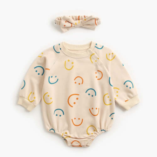 Mini Smile Cotton Bodysuit Romper With Headband – August + Willow