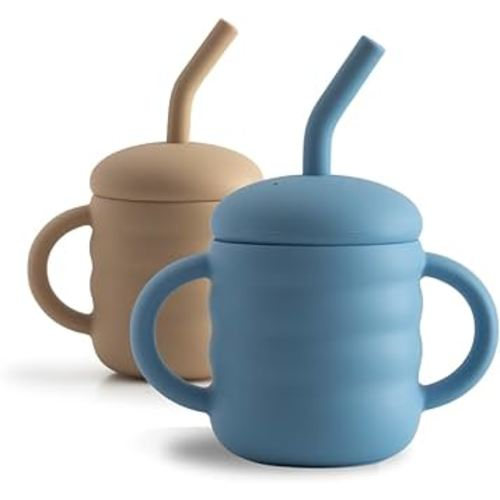 Cute 2-1 Silicone Straw Sippy Cup with Stopper - 5.4 OZ Spill-proof Sippy Cups for Baby 6+ Months w/ Dbl Handles, Grooved Body & Angled Straw for Safe Drinking - Includes Cleaning Brush - Beige & Blue