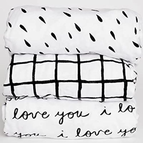 3 Fitted Bassinet Sheets Black/White Set for Baby Girl/Boy - 100% OEKO-TEX Cotton - Gender Neutral I Love You, Plaid & Raindrop - Cradle/Moses Basket Hourglass Oval Rectangle Mattress Sheet