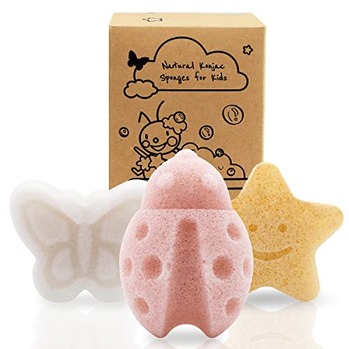 myHomeBody Konjac Baby Sponge for Bathing, Cute Shapes Natural Kids Bath loofah for Infants, Toddler, Newborns, Safe Plant-Based, 3pc. Set: Butterfly, Ladybug, Star