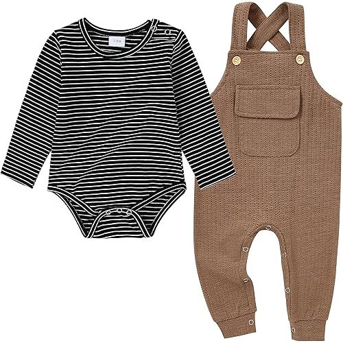 CARETOO Newborn Baby Boy Clothes Infant Boy Romper Fall Winter Outfits Bodysuit 2Pcs Striped Long Sleeve Top Overalls 0-18M