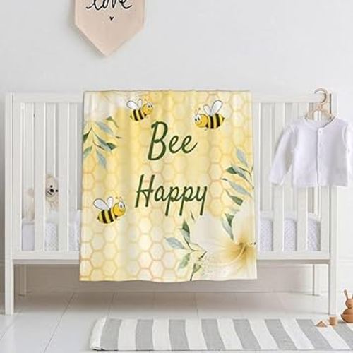 Bee Happy Bumble Bees Yellow Honeycomb Baby Blanket for Boys Girls, Toddler Newborn Nursery Soft Warm Cozy Bed Blanket Giraffe Print Shower Gift