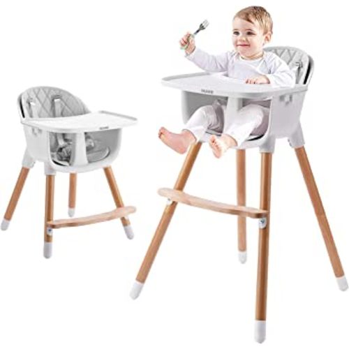 IKARE Wooden Natural Baby High Chair W/Removable Tray & Safety Harness, 3-in-1 Infant Highchair/Booster/Kid Chair | Grows with Your Child | Adjustable Legs | Modern Wood Design (Gray)