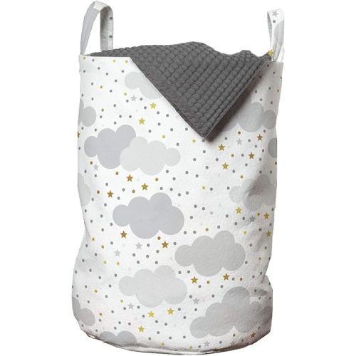 Ambesonne Clouds Laundry Bag, Themed Pattern with Dreamy Sky with Dots and Stars, Hamper Basket with Handles Drawstring Closure for Laundromats, 13" x 19", Grey Coffee
