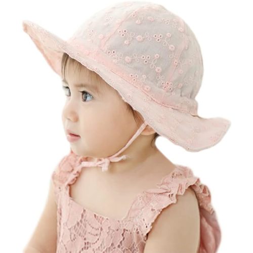 Baby Girl Toddlers Breathable Lacy Bonnet Eyelet Cotton Adjustable Sun Protection Hat - Medium - H2-pink